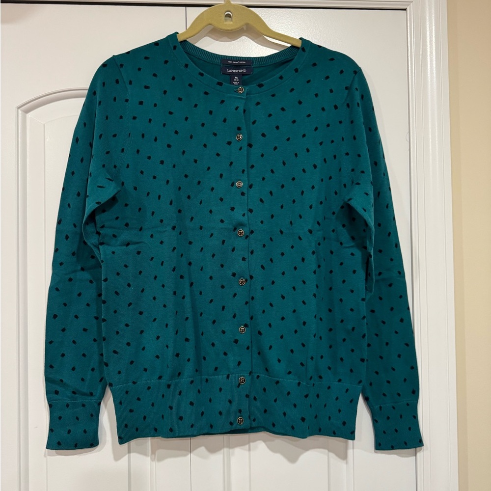 Lands' End Teal Cardigan with Black Dots